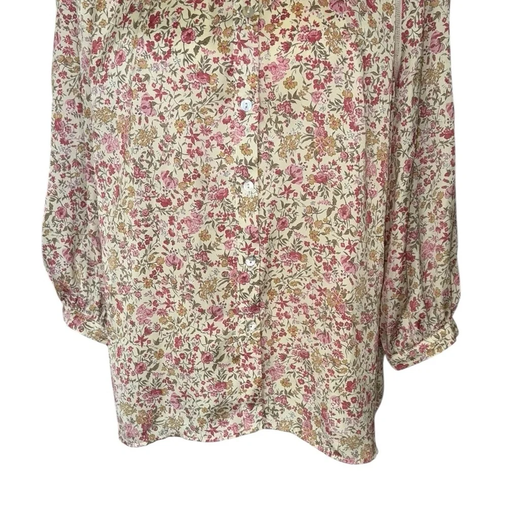 Zara Cream Pink Floral Print Satin 3/4 Puff Sleeve Lace Button Down Blouse - S